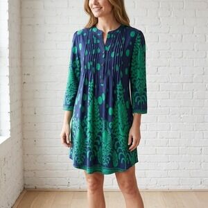 Reborn Pintuck Tunic Womens Medium Blue‎ Green Polka Dot Floral 3/4 Sleeve Boho